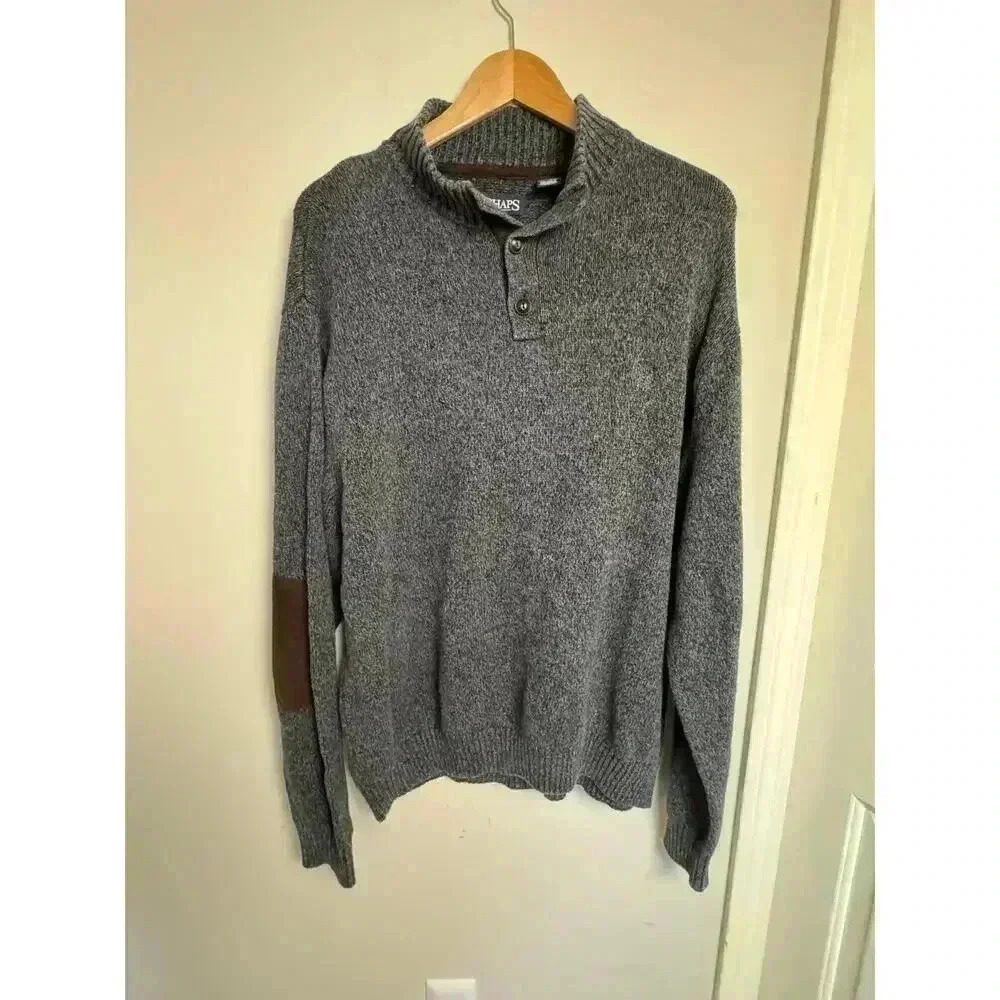 Chaps Grey + Brown Elbow Patch Mock Neck 100% Cotton Men's Pullover Sweater XXL